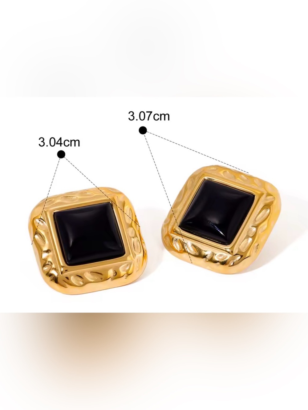 Gold-Tone Black Square Statement Earrings - Stainless Steel